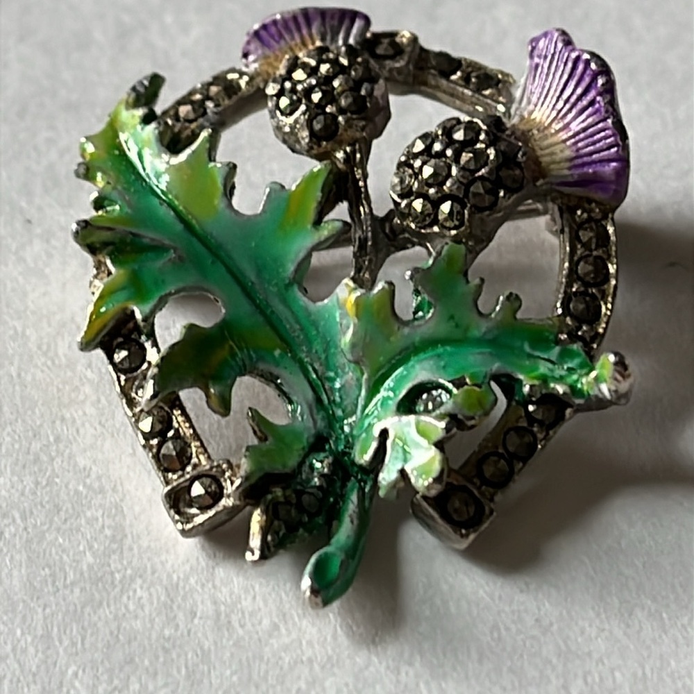 Vintage Enamel Marcasite Thistle Horseshoe Brooch Green and Purple
